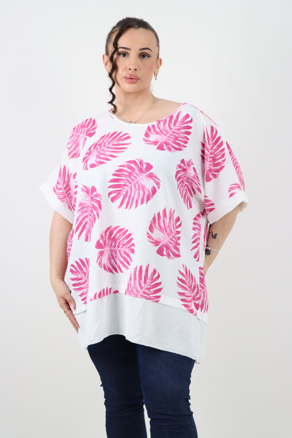 Italian Monstera Leaf Print Short Sleeve Tunic Top