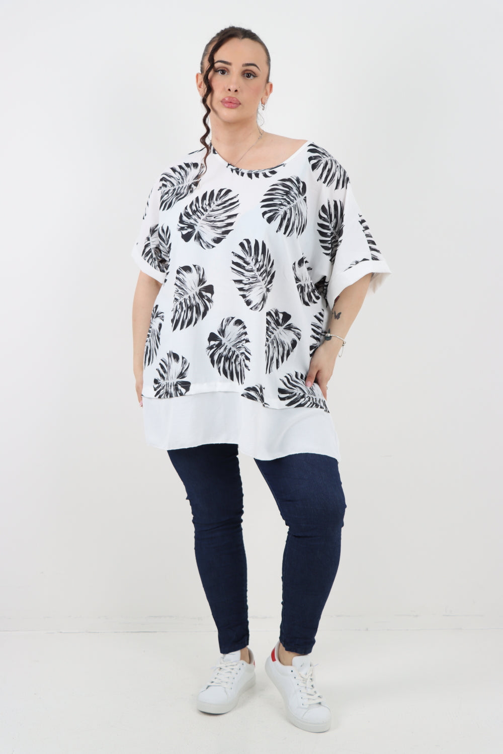 Italian Monstera Leaf Print Short Sleeve Tunic Top