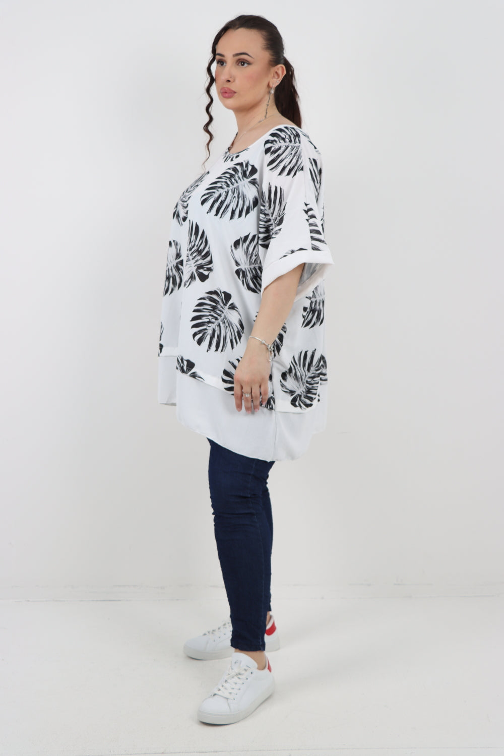 Italian Monstera Leaf Print Short Sleeve Tunic Top