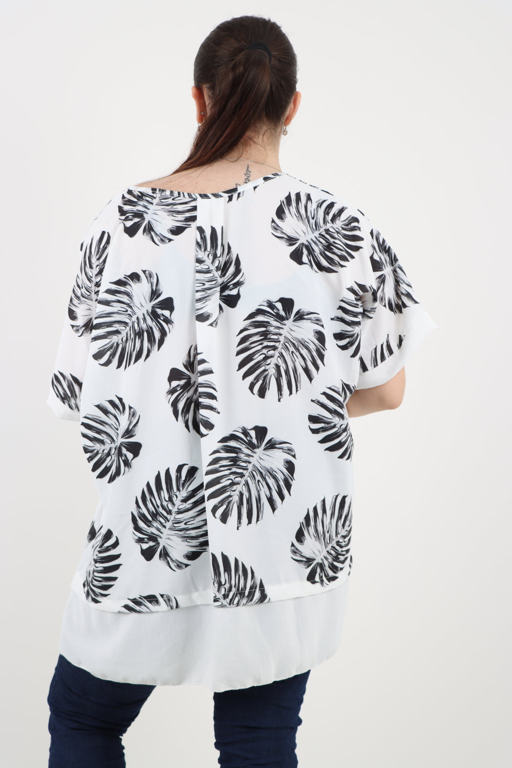 Italian Monstera Leaf Print Short Sleeve Tunic Top