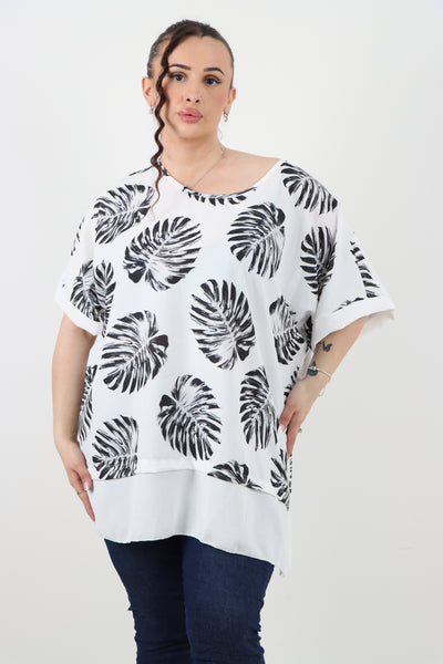 Italian Monstera Leaf Print Short Sleeve Tunic Top