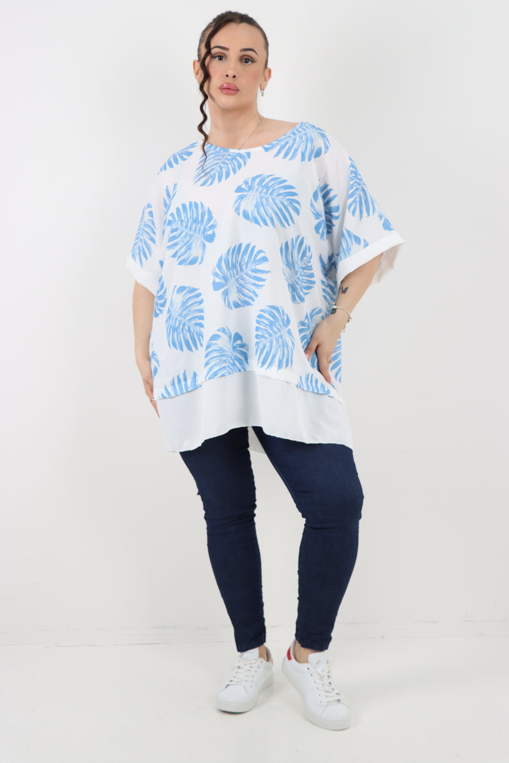 Italian Monstera Leaf Print Short Sleeve Tunic Top