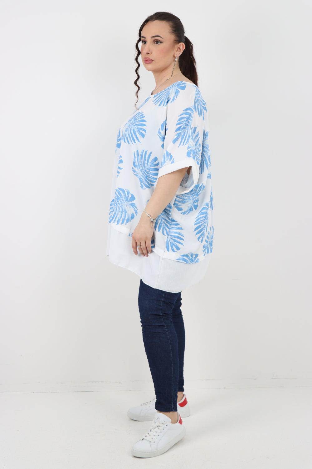 Italian Monstera Leaf Print Short Sleeve Tunic Top