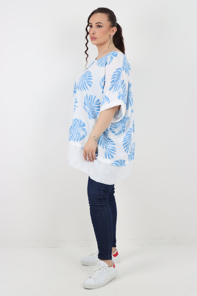 Italian Monstera Leaf Print Short Sleeve Tunic Top