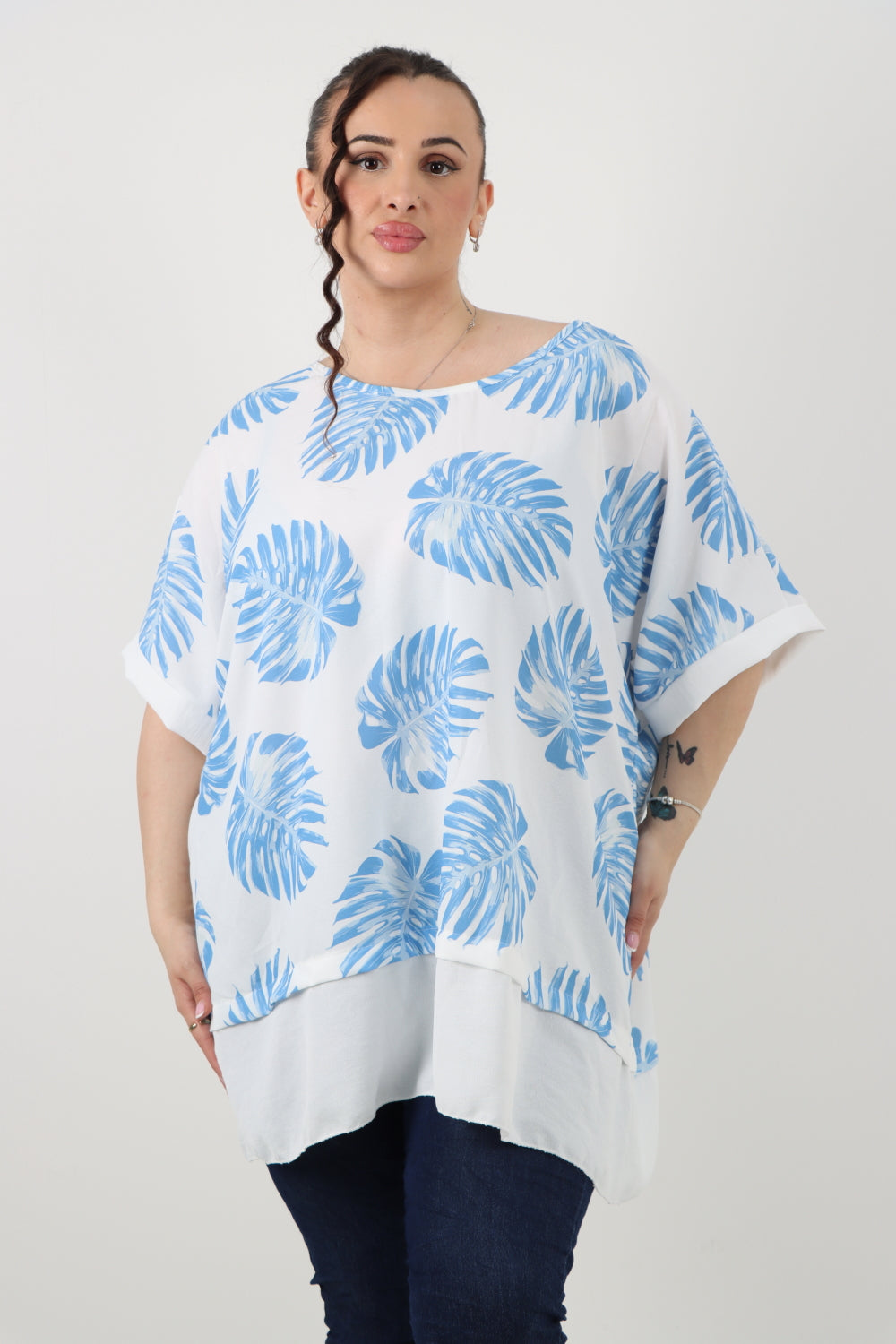 Italian Monstera Leaf Print Short Sleeve Tunic Top