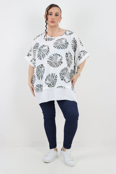 Italian Monstera Leaf Print Short Sleeve Tunic Top