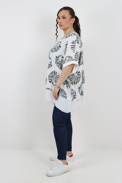 Italian Monstera Leaf Print Short Sleeve Tunic Top