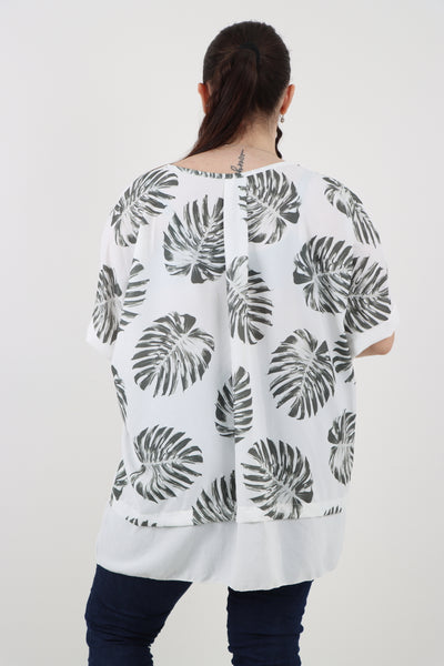 Italian Monstera Leaf Print Short Sleeve Tunic Top