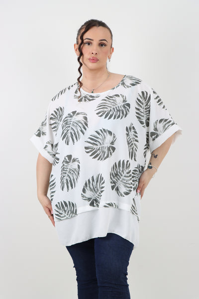 Italian Monstera Leaf Print Short Sleeve Tunic Top