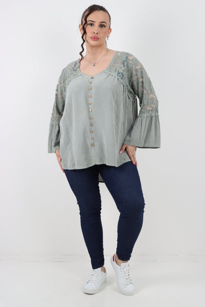 Italian Lace Work On Shoulder & Hands Button Detail Low High Tunic Top