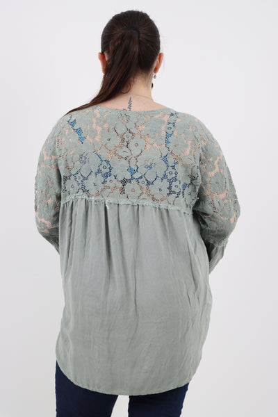 Italian Lace Work On Shoulder & Hands Button Detail Low High Tunic Top