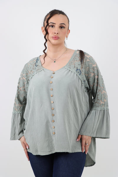 Italian Lace Work On Shoulder & Hands Button Detail Low High Tunic Top