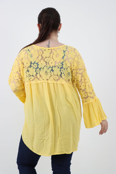 Italian Lace Work On Shoulder & Hands Button Detail Low High Tunic Top