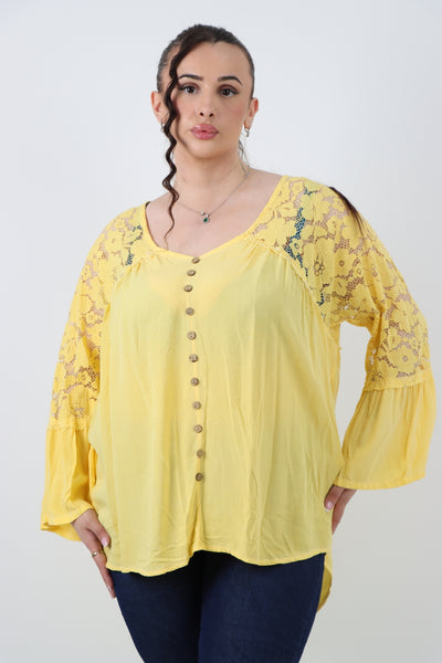 Italian Lace Work On Shoulder & Hands Button Detail Low High Tunic Top