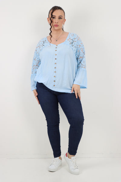 Italian Lace Work On Shoulder & Hands Button Detail Low High Tunic Top