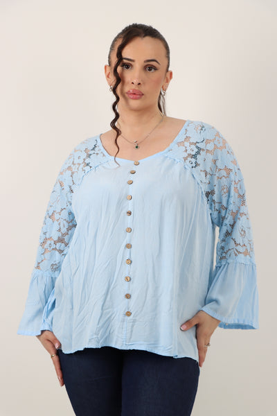 Italian Lace Work On Shoulder & Hands Button Detail Low High Tunic Top