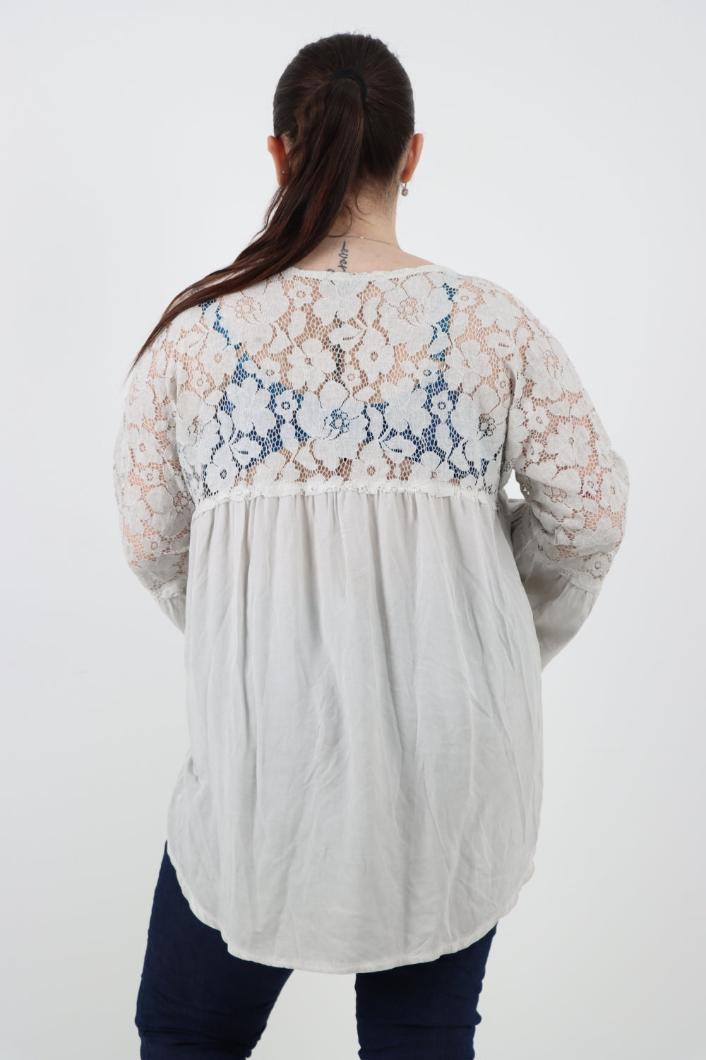 Italian Lace Work On Shoulder & Hands Button Detail Low High Tunic Top