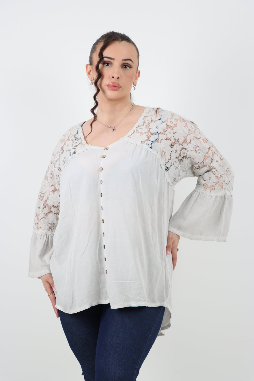 Italian Lace Work On Shoulder & Hands Button Detail Low High Tunic Top