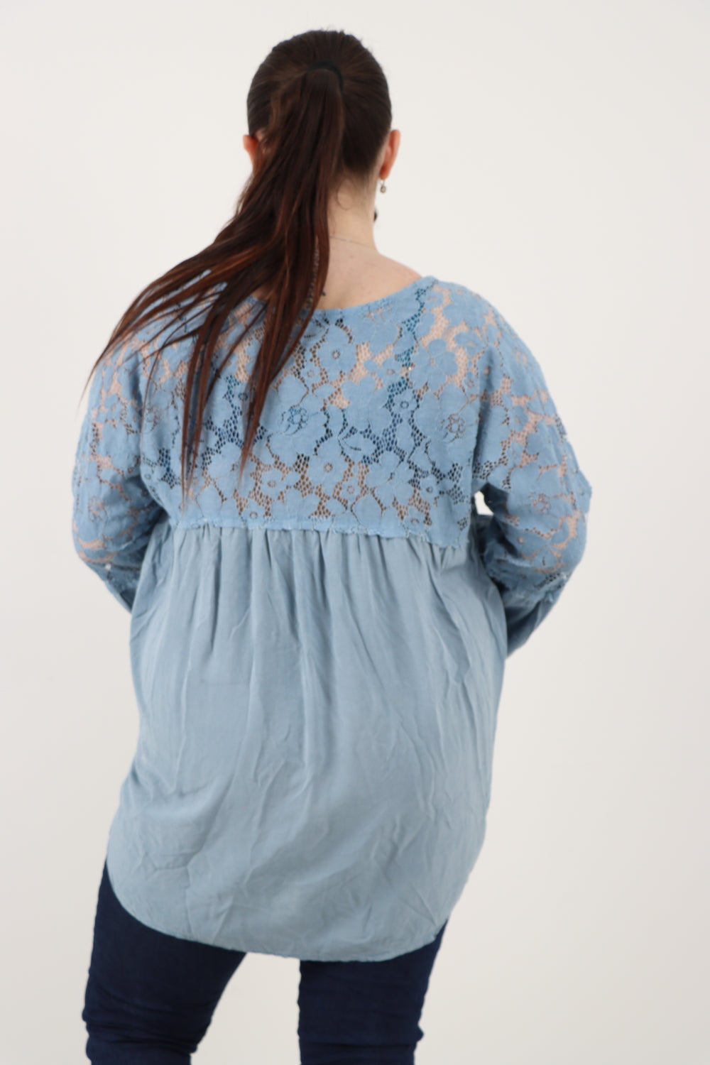 Italian Lace Work On Shoulder & Hands Button Detail Low High Tunic Top