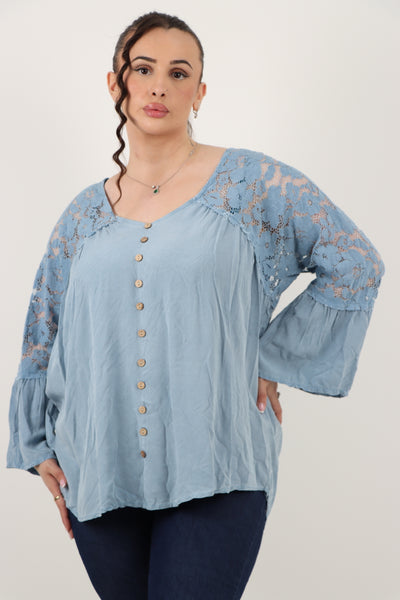 Italian Lace Work On Shoulder & Hands Button Detail Low High Tunic Top