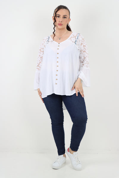 Italian Lace Work On Shoulder & Hands Button Detail Low High Tunic Top