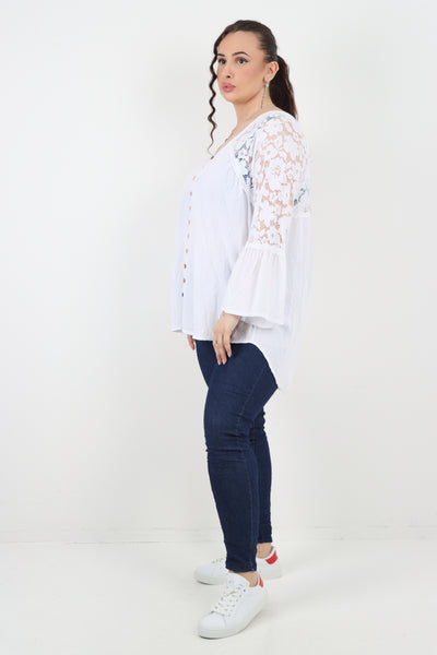 Italian Lace Work On Shoulder & Hands Button Detail Low High Tunic Top