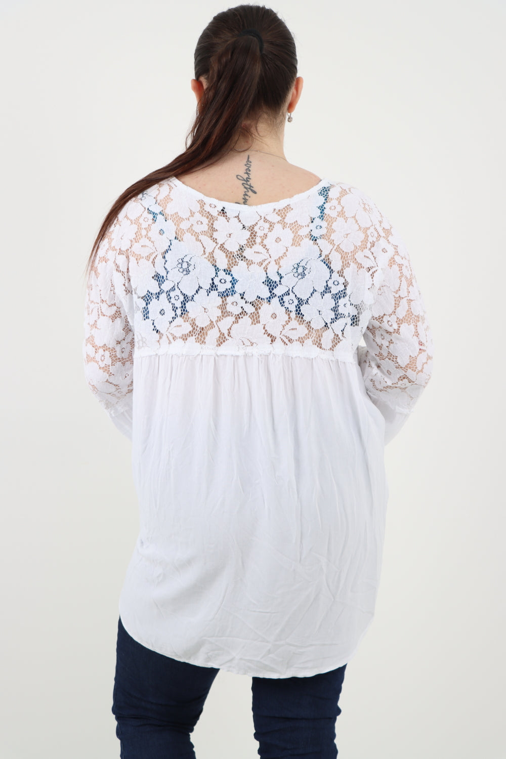 Italian Lace Work On Shoulder & Hands Button Detail Low High Tunic Top