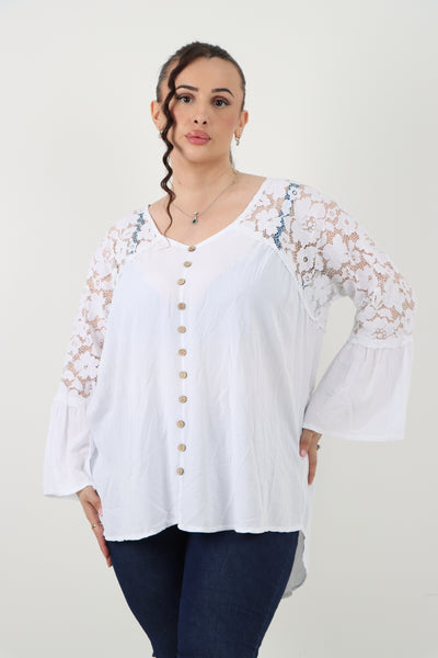 Italian Lace Work On Shoulder & Hands Button Detail Low High Tunic Top