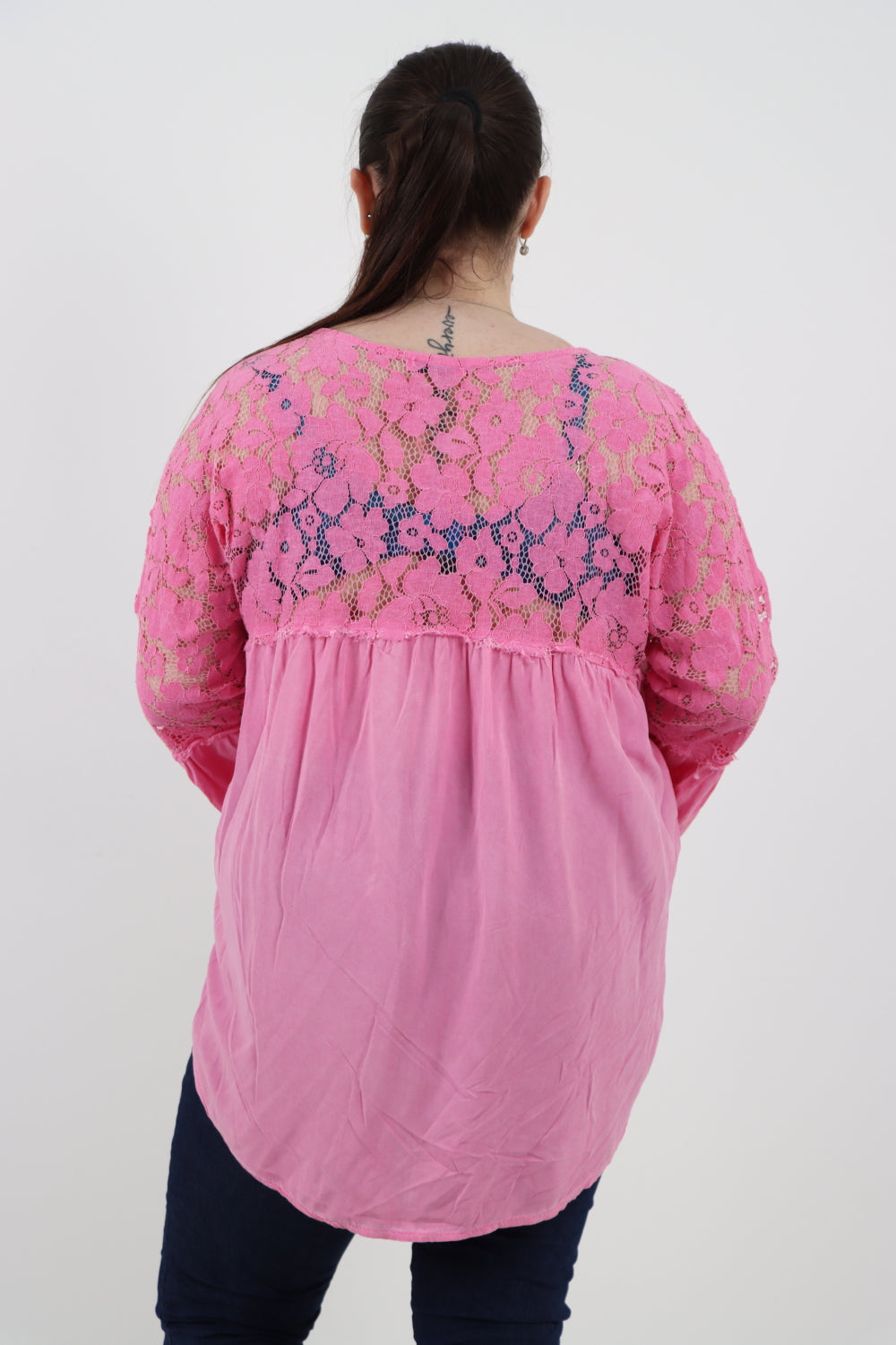 Italian Lace Work On Shoulder & Hands Button Detail Low High Tunic Top