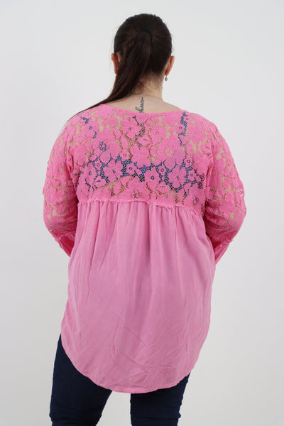 Italian Lace Work On Shoulder & Hands Button Detail Low High Tunic Top