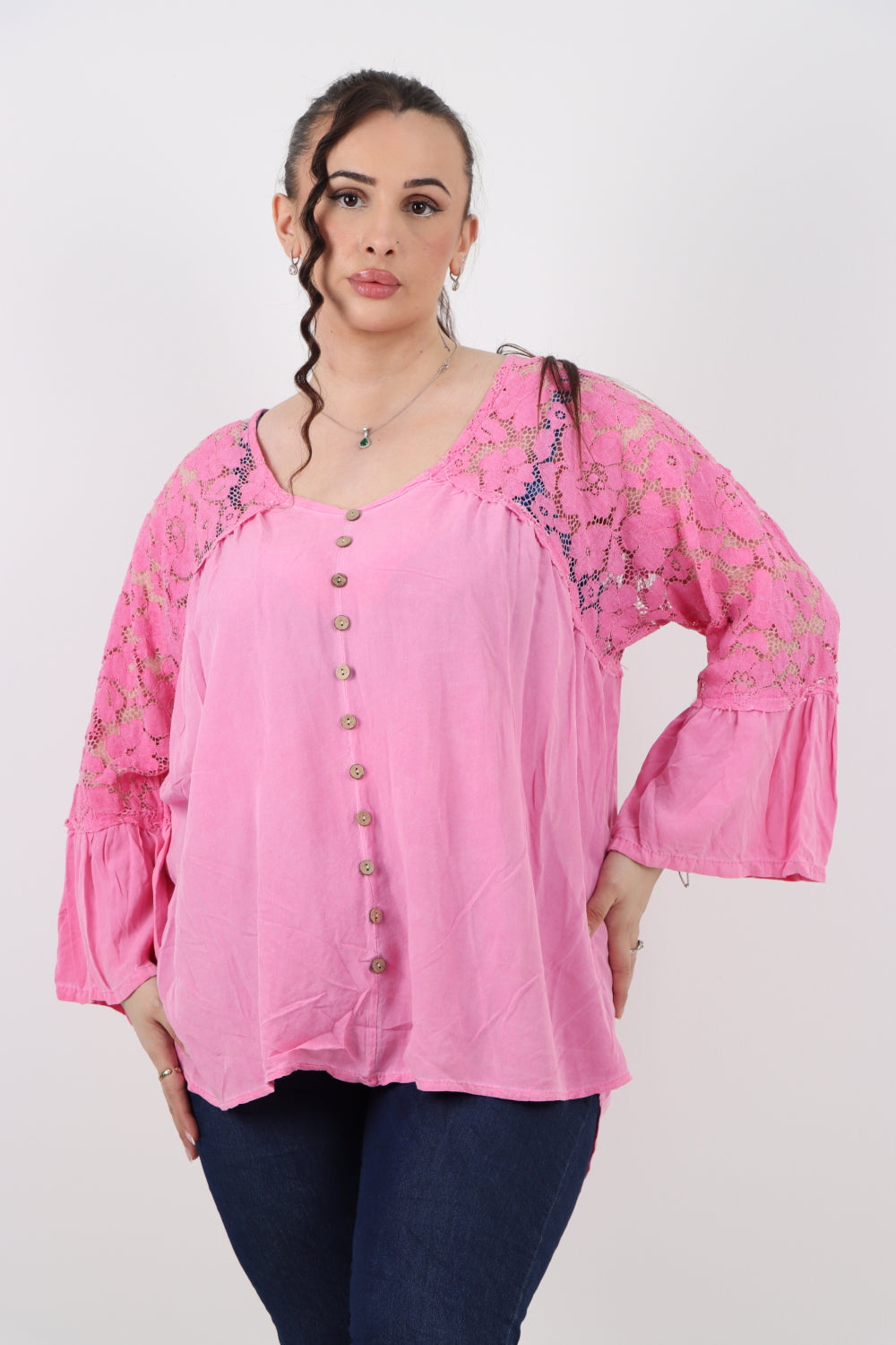 Italian Lace Work On Shoulder & Hands Button Detail Low High Tunic Top