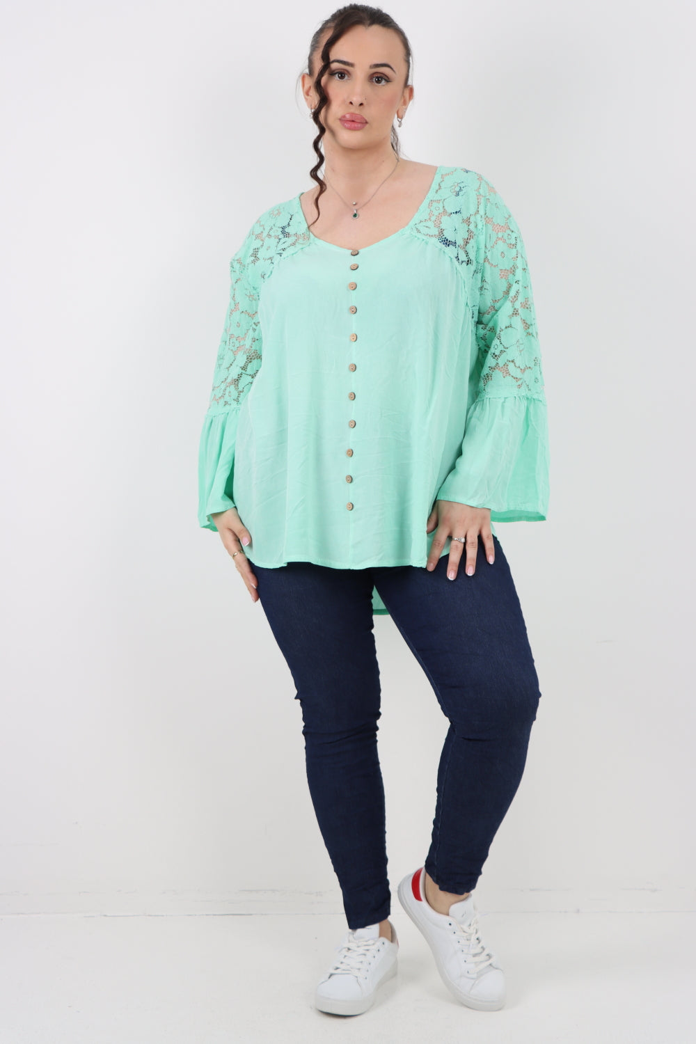 Italian Lace Work On Shoulder & Hands Button Detail Low High Tunic Top