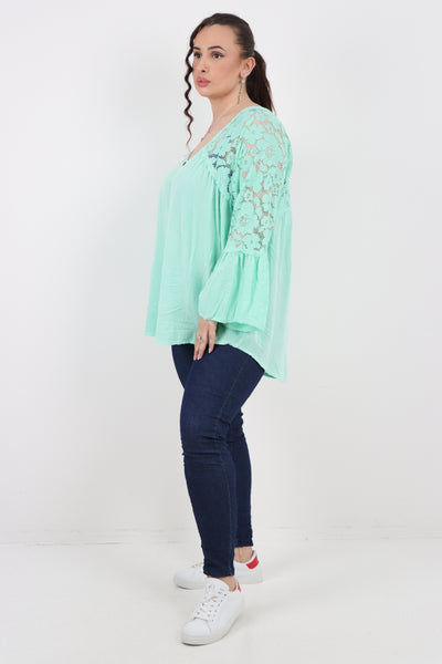 Italian Lace Work On Shoulder & Hands Button Detail Low High Tunic Top