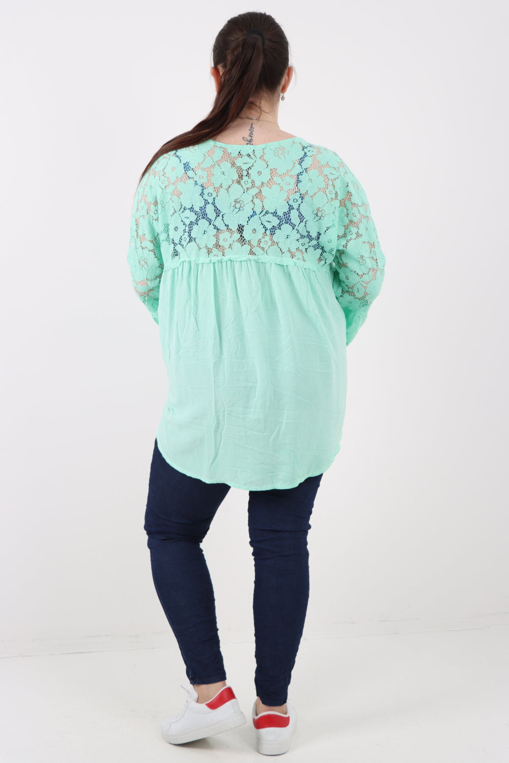 Italian Lace Work On Shoulder & Hands Button Detail Low High Tunic Top