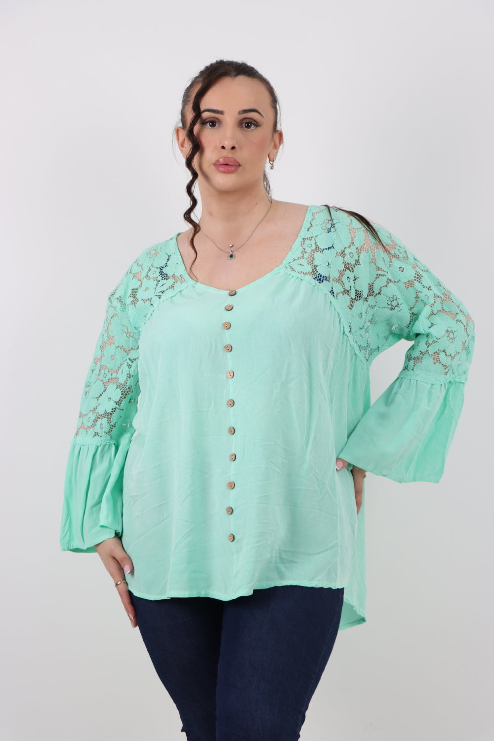 Italian Lace Work On Shoulder & Hands Button Detail Low High Tunic Top