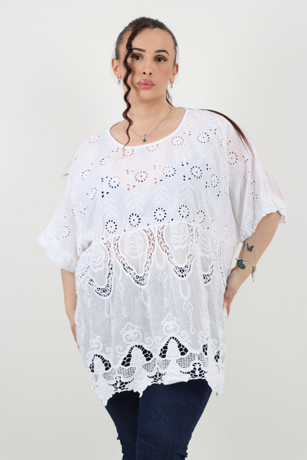 Italian All Over Embroidery Design Round Neck Short Sleeve Top