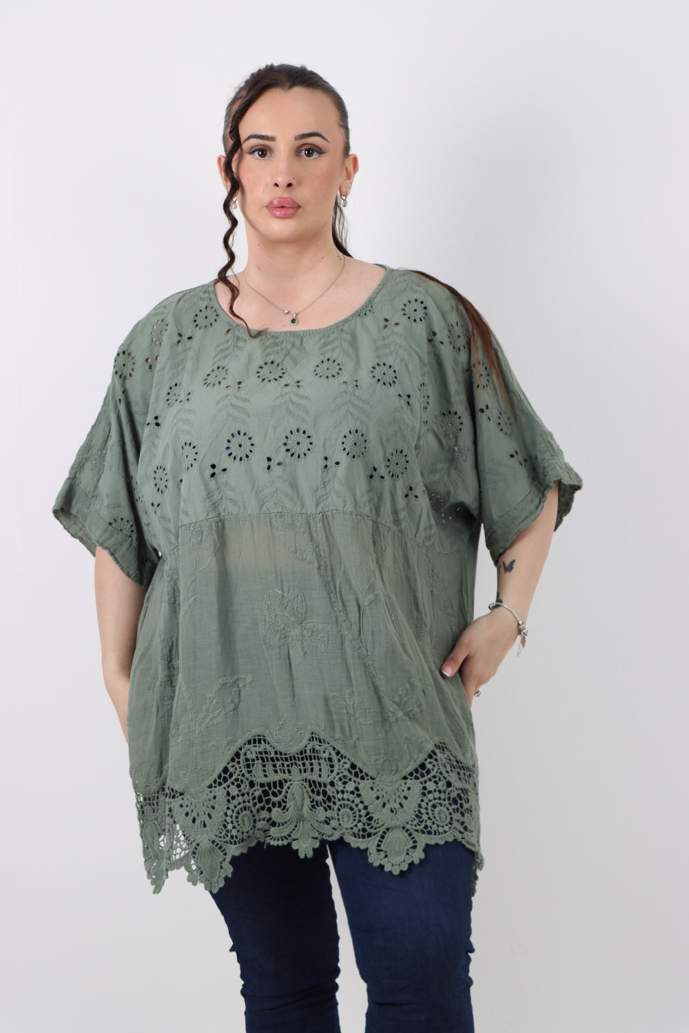 Italian All Over Embroidery Design Round Neck Short Sleeve Top