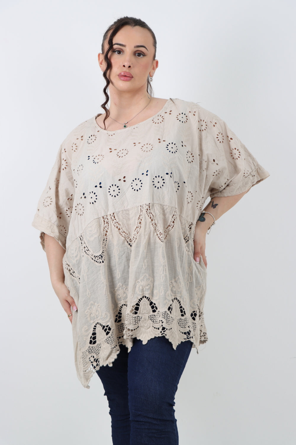 Italian All Over Embroidery Design Round Neck Short Sleeve Top