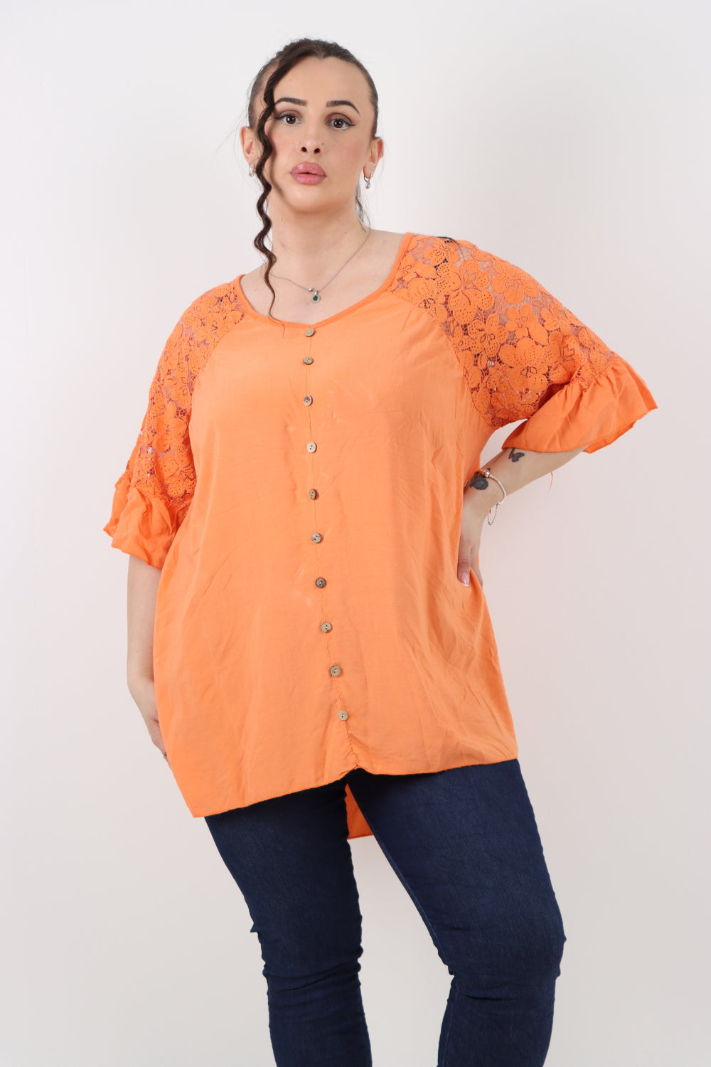 Italian Lace Work On Shoulder & Hands Button Detail Low High Tunic Top