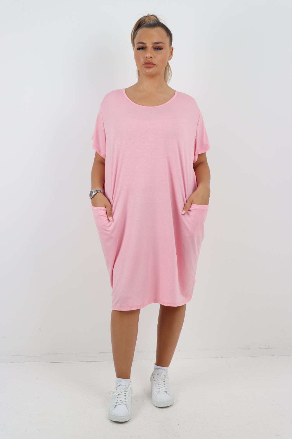 Italian Plain Side Pockets Round Neck Midi Dress