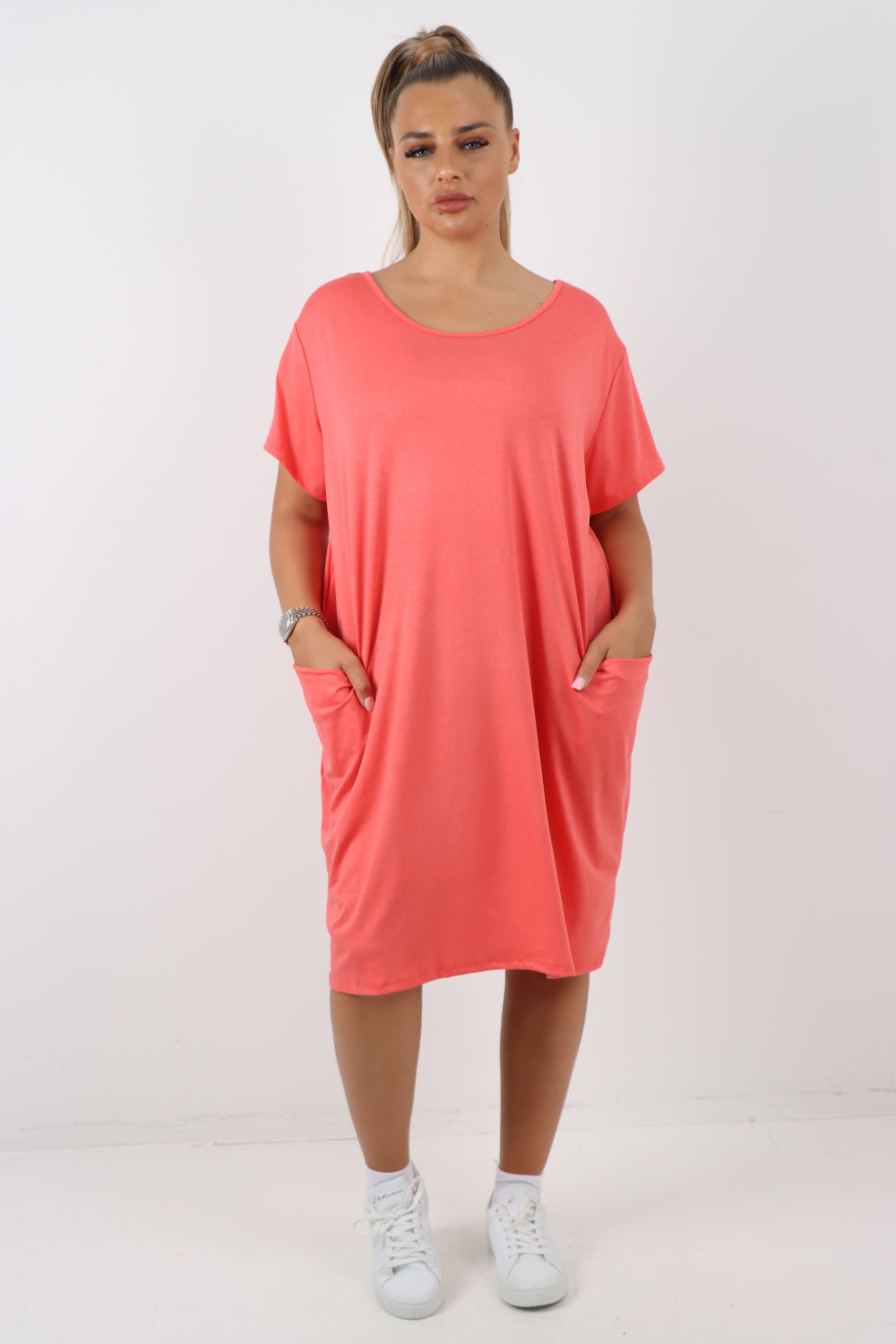 Italian Plain Side Pockets Round Neck Midi Dress