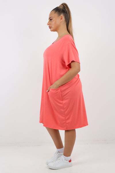 Italian Plain Side Pockets Round Neck Midi Dress