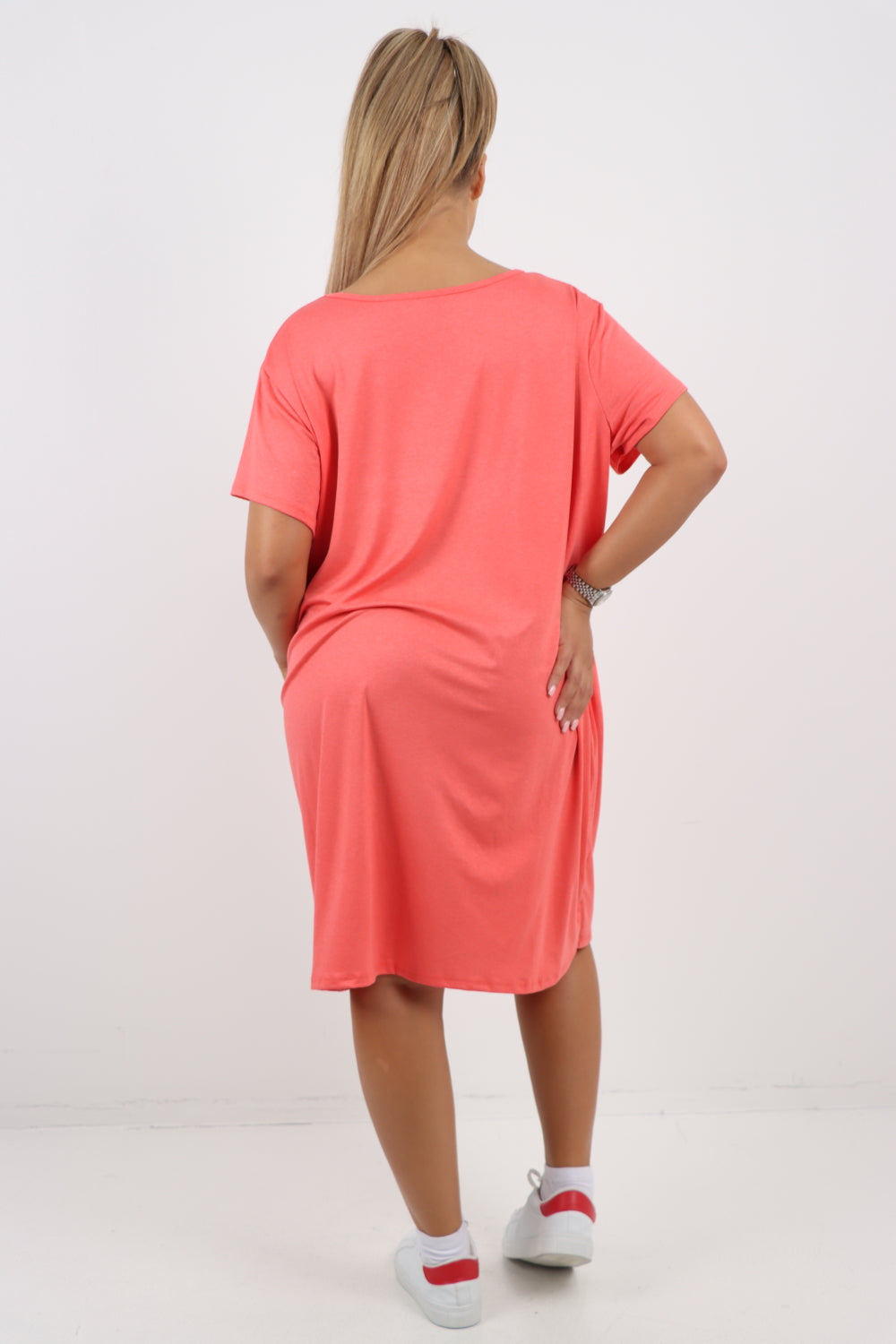 Italian Plain Side Pockets Round Neck Midi Dress