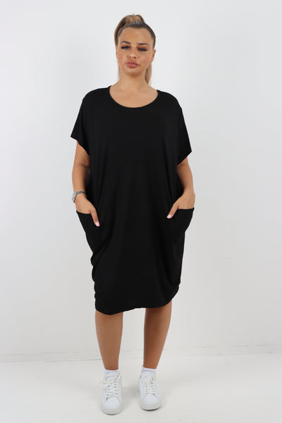 Italian Plain Side Pockets Round Neck Midi Dress