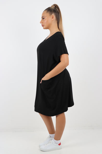 Italian Plain Side Pockets Round Neck Midi Dress