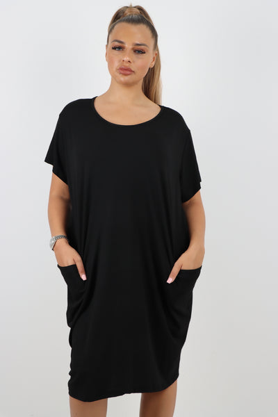 Italian Plain Side Pockets Round Neck Midi Dress