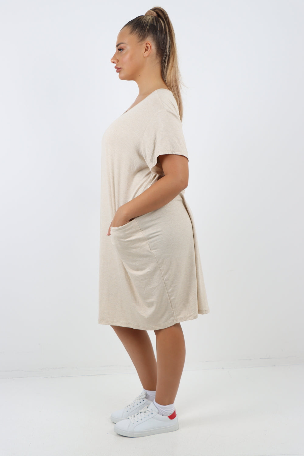 Italian Plain Side Pockets Round Neck Midi Dress