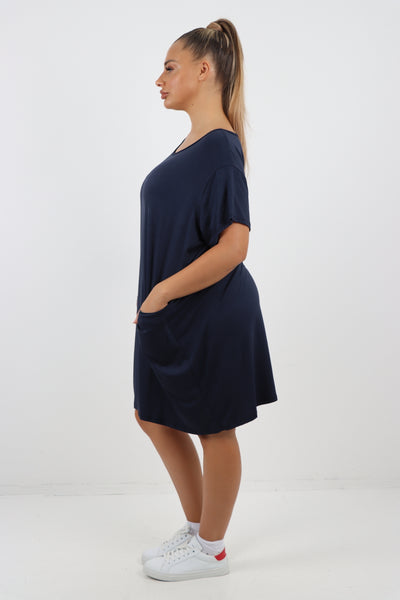 Italian Plain Side Pockets Round Neck Midi Dress