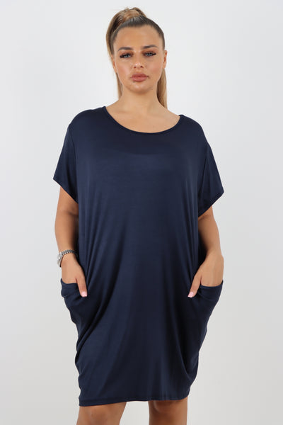 Italian Plain Side Pockets Round Neck Midi Dress