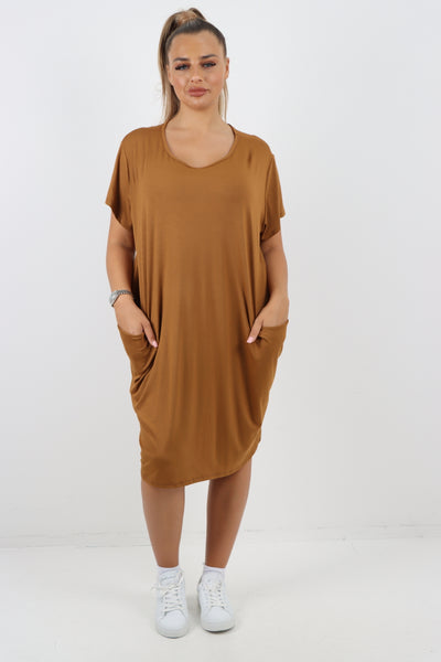 Italian Plain Side Pockets Round Neck Midi Dress